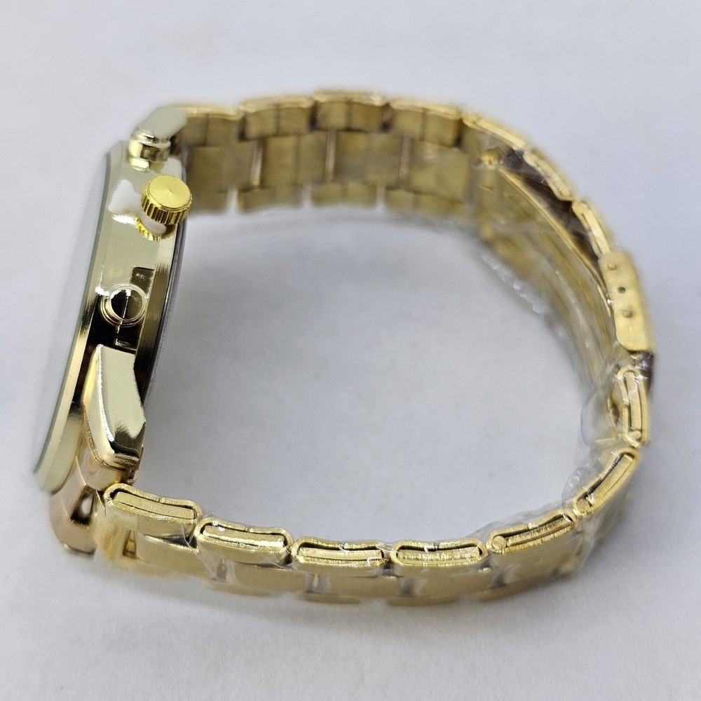 Men's 2PC Watch Bracelet Set 41MM Black Dial Date Gold Bracelet Band 7" Wrist - Picture 12 of 14
